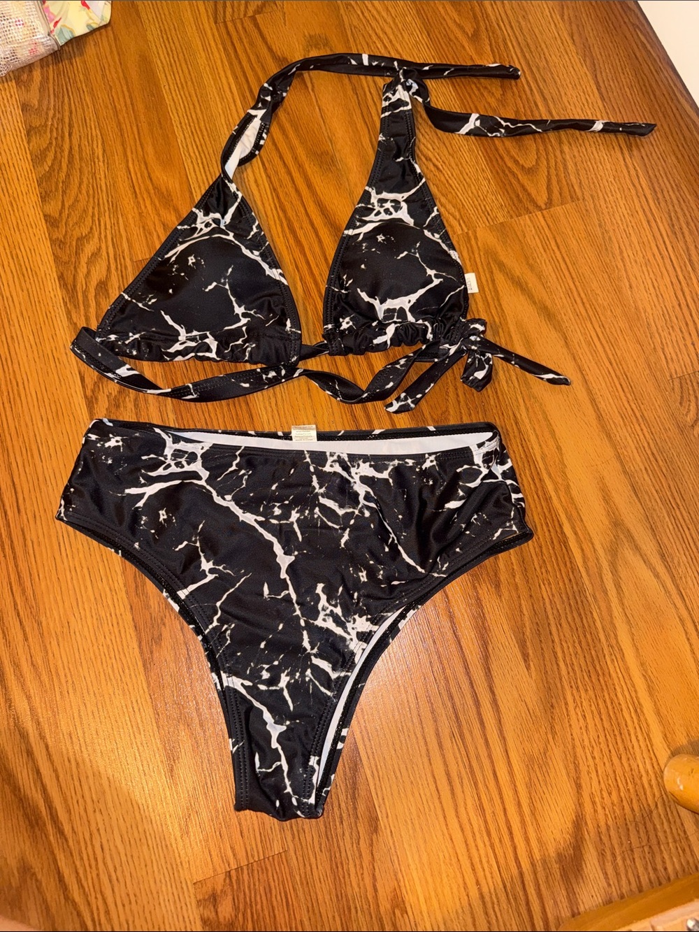 Black Marble Print Triangle Bikini Set